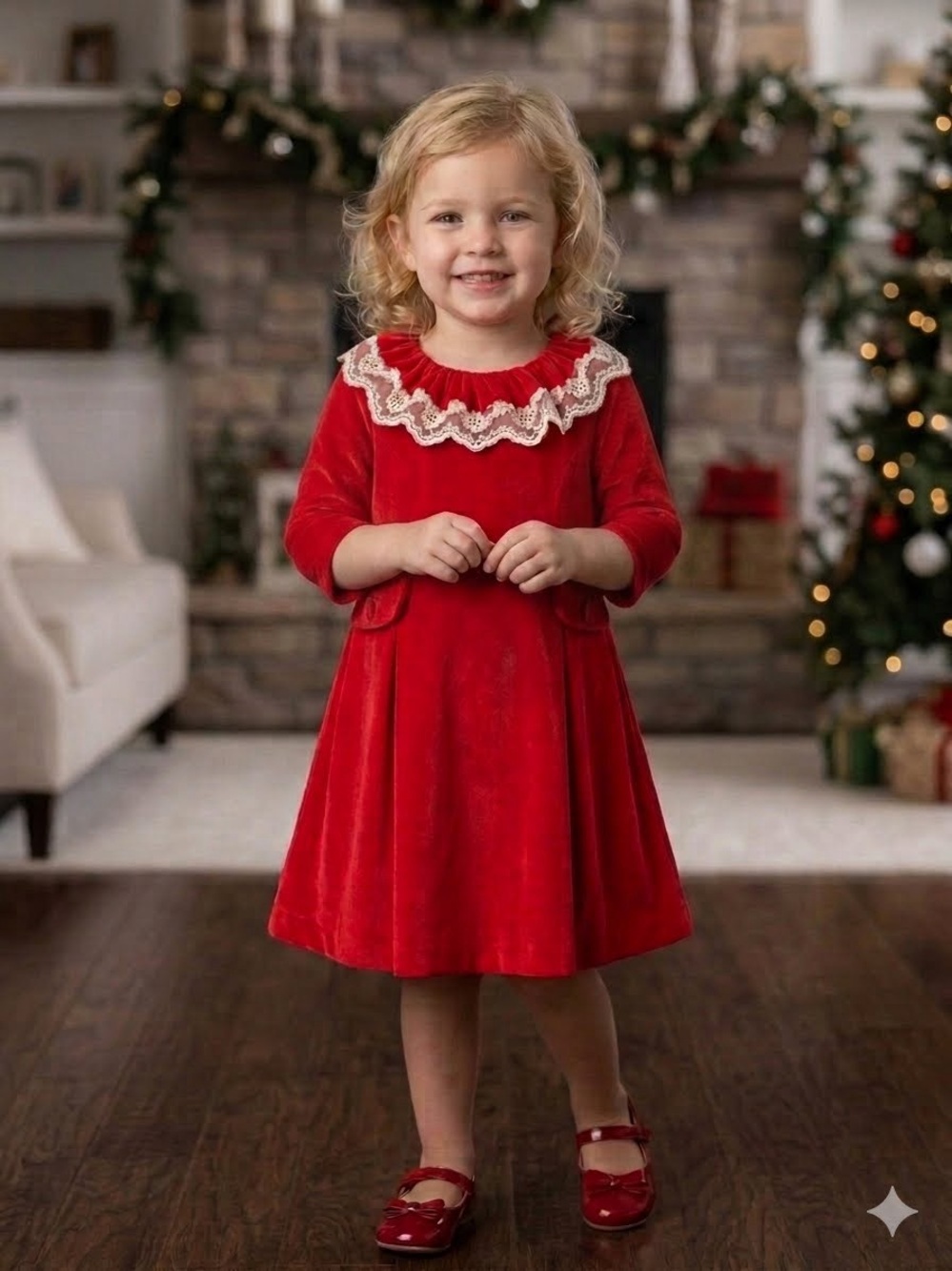 Foque Red Velvet Holiday Dress with Lace Collar